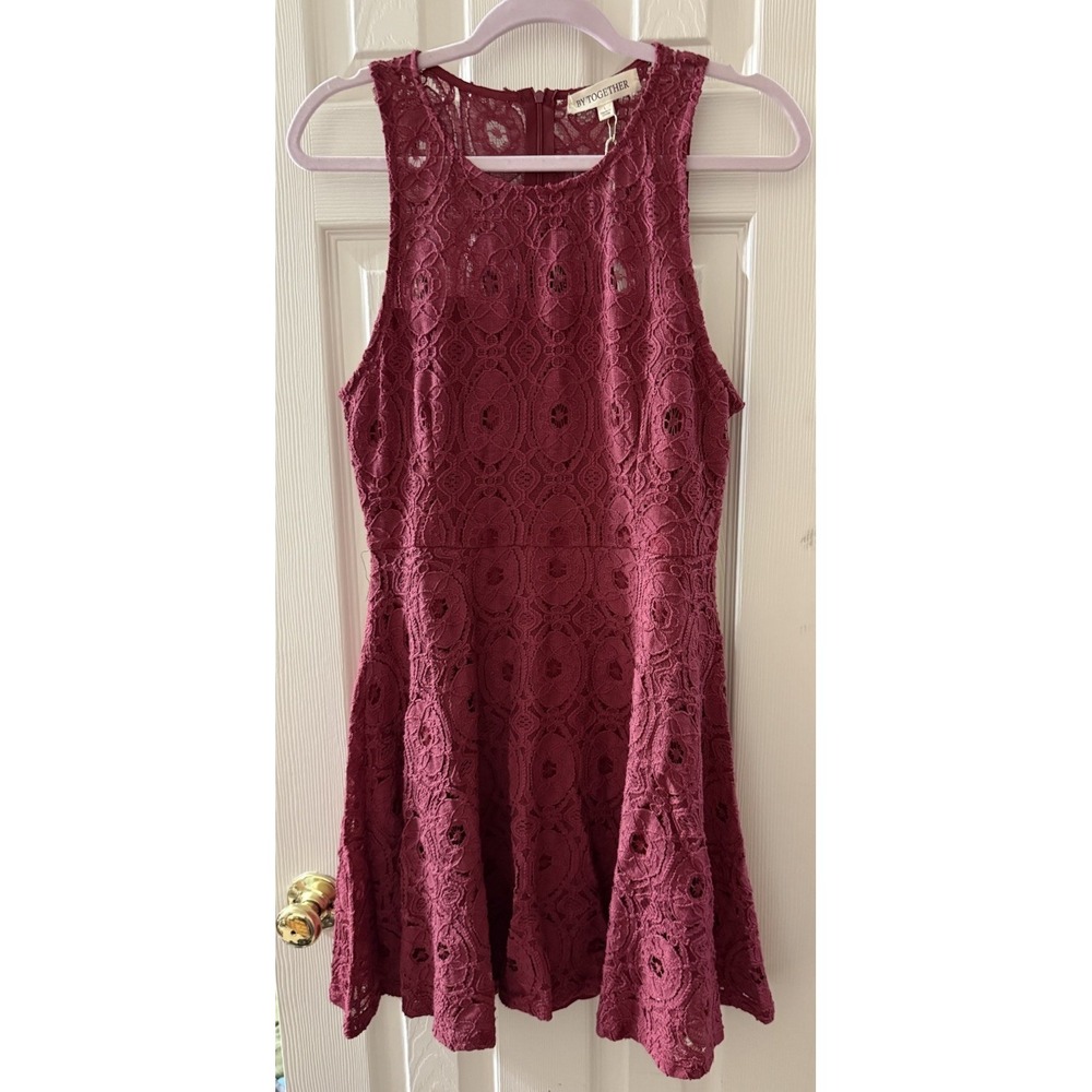 BY TOGETHER Lace Fit & Flare Dress Sleeveless Burgundy Short Geometric Size L